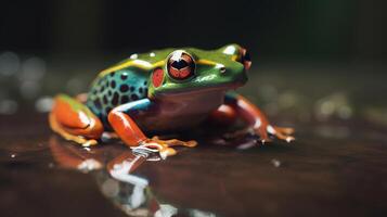 Colorful frog perched on a stone at the edge of water showing reflection in the water with dark background, photo