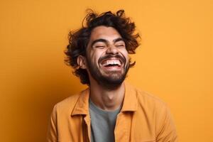 a man on solid color background photoshoot with Laugh face experession photo