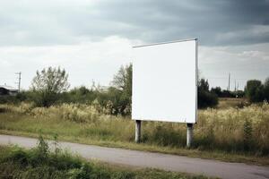 A blank white billboard mockup on a sidewalk in a city photo