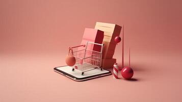 E-commerce concept. Shopping cart with boxes on a wooden table. photo