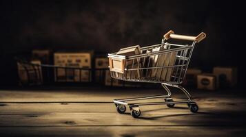 E-commerce concept. Shopping cart with boxes on a wooden table. photo
