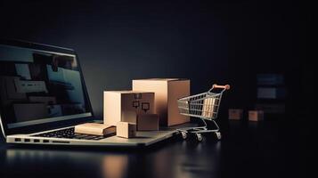 E-commerce concept. Shopping cart with boxes on a wooden table. photo