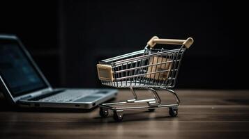 E-commerce concept. Shopping cart with boxes on a wooden table. photo