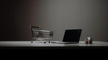 AI Generative E-commerce concept. Shopping cart with boxes on a wooden table. photo