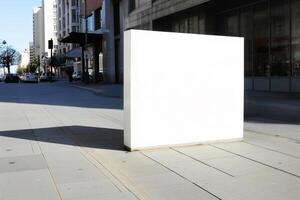 A blank white billboard mockup on a sidewalk in a city photo