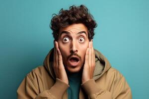 a man on solid color background photoshoot with Surprise facial expression photo