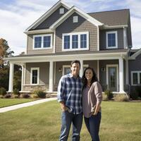 ai generativo retrato de contento maduro Pareja en pie en frente de su nuevo casa foto