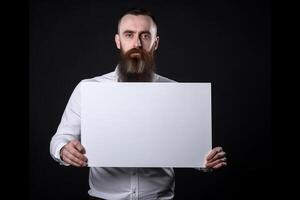 A man holds a blank white sign board mockup in his hand photo