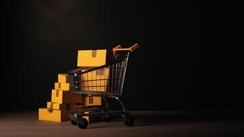 E-commerce concept. Shopping cart with boxes on a wooden table. photo