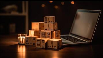 E-commerce concept. Shopping cart with boxes on a wooden table. photo