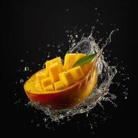 Mango fruit in water splash, isolated on black background. Creative food concept. photo