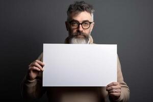 A man holds a blank white sign board mockup in his hand photo