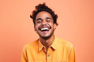 a man on solid color background photoshoot with Laugh face experession photo