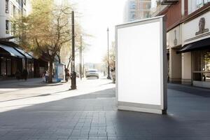 A blank white billboard mockup on a sidewalk in a city photo