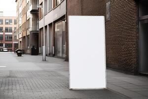 A blank white billboard mockup on a sidewalk in a city photo