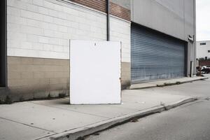 A blank white billboard mockup on a sidewalk in a city photo