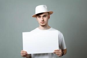 A man holds a blank white sign board mockup in his hand photo