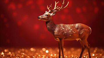 Christmas Card - Magic Golden Deer In Shiny Red Background, photo