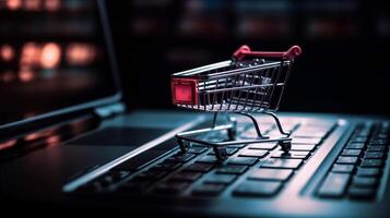 E-commerce concept. Shopping cart with boxes on a wooden table. photo