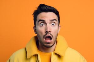 a man on solid color background photoshoot with Surprise facial expression photo