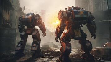 A futuristic clash between two immense robotic warriors photo