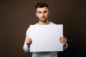 A man holds a blank white sign board mockup in his hand photo