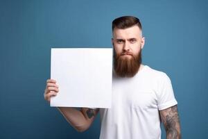 A man holds a blank white sign board mockup in his hand photo