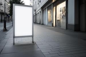 A blank white billboard mockup on a sidewalk in a city photo