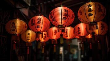 chino nuevo año linternas con bendición, sano y riqueza en China ciudad, generativo ai foto