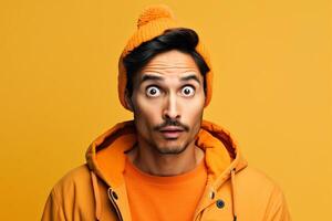 a man on solid color background photoshoot with Surprise facial expression photo