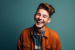 a man on solid color background photoshoot with Laugh face experession photo