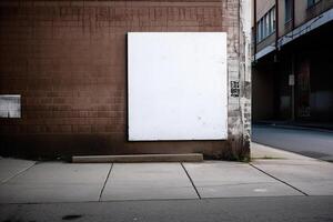 A blank white billboard mockup on a sidewalk in a city photo