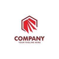 company logo design in hexagon shape with arrow lines and red and dark red colors vector