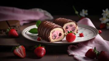 Pink plate with pieces of delicious sponge cake roll, fresh strawberries, napkin and chocolate, photo