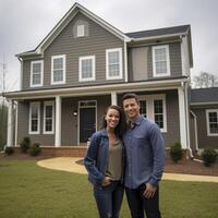 ai generativo retrato de contento maduro Pareja en pie en frente de su nuevo casa foto