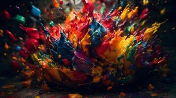 Colorful paint splashes on wooden background. Close up view. photo