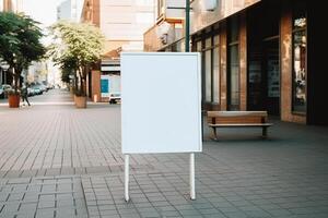 A blank white billboard mockup on a sidewalk in a city photo