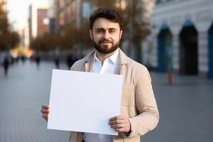 A man holds a blank white sign board mockup in his hand photo