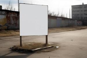 A blank white billboard mockup on a sidewalk in a city photo