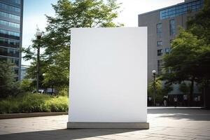 A blank white billboard mockup on a sidewalk in a city photo