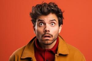 a man on solid color background photoshoot with Surprise facial expression photo