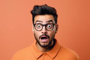 a man on solid color background photoshoot with Surprise facial expression photo