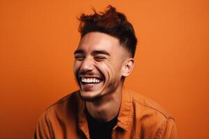 a man on solid color background photoshoot with Laugh face experession photo