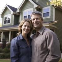 Portrait of happy mature couple standing in front of their new house photo