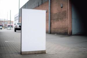 A blank white billboard mockup on a sidewalk in a city photo