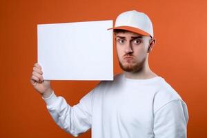 A man holds a blank white sign board mockup in his hand photo