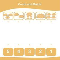 Mathematic counting worksheet. Math activity, count and match numbers with pictures. Educational printable math worksheet for children. Vector File.