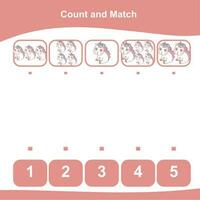 Mathematic counting worksheet. Math activity, count and match numbers with pictures. Educational printable math worksheet for children. Vector File.