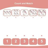 Mathematic counting worksheet. Math activity, count and match numbers with pictures. Educational printable math worksheet for children. Vector File.