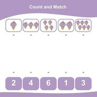 Mathematic counting worksheet. Math activity, count and match numbers with pictures. Educational printable math worksheet for children. Vector File.